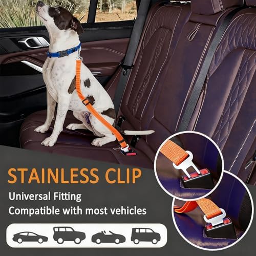 Dog Seat Belt for Car, Adjustable Dog Car Harness, Reflective Dog Seatbelt Leash with Elastic Bungee Buffer, Durable Nylon Pet Safety Dog Seat Belt for All Dog Sizes (Orange)