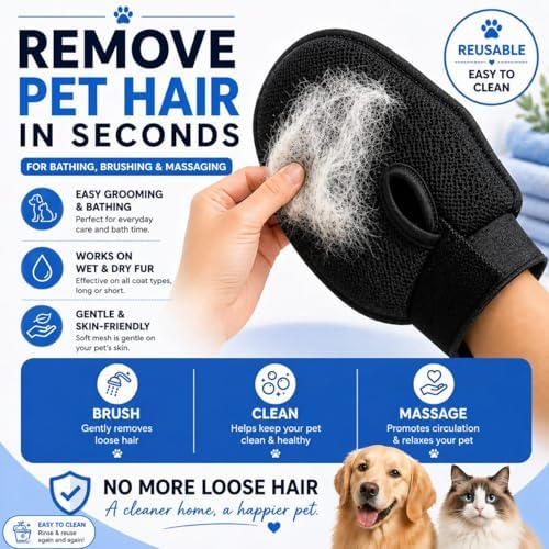 Pet Grooming Gloves for Dogs & Cats – Double Sided Deshedding Glove, Hair Remover & Massage Brush for Shedding Fur (Light Blue)