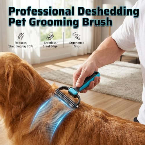 Double-Sided Pet Grooming Rake, Extra Wide Deshedding Tool for Long Hair Dogs & Cats, 2-in-1 Undercoat Rake with Stainless Steel Teeth, Pet Comb for Loose Hair (Large+Small-2PCS)