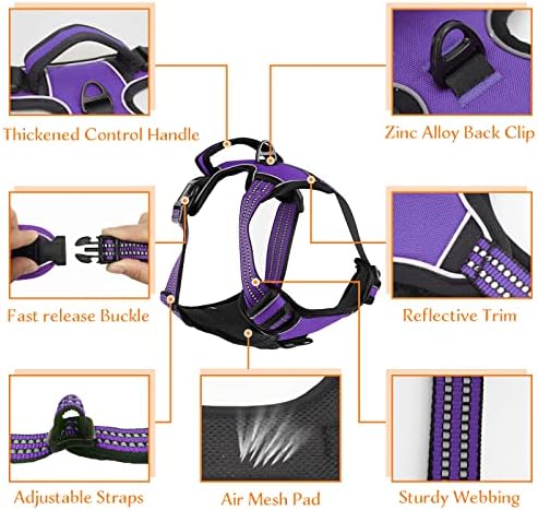 No Pull Dog Harness for Small Medium Large Dogs Adjustable Reflective Pet Vest with Front Clip Padded Harness for Dogs Easy Control Handle Best for Outdoor Training and Walking Purple M