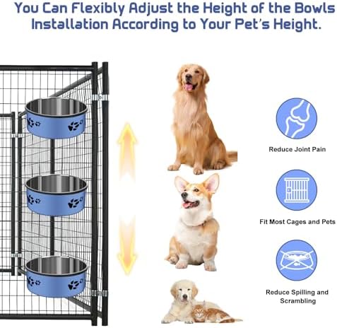 2 Pack Kennel Bowls Mountable Stainless Steel Crate Bowls for Dogs No Spill Hanging Kennel Water Feeder with Clamp Holder 2 Sizes（7.08x2.83’’,6.3x2.63’） (Blue)