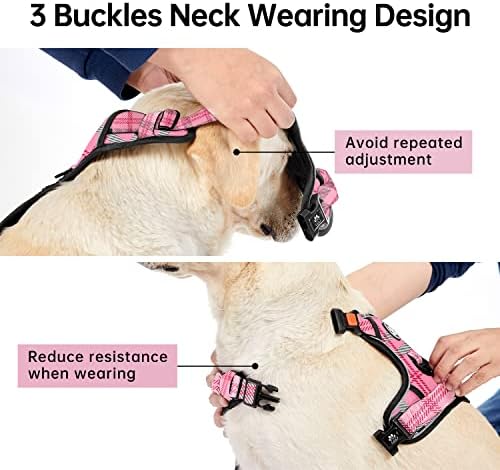 IVY&LANE No Pull Dog Harness for Large Dogs,Reflective Dog Vest Harness | No Choke,Fully Adjustable,Soft Handle,with Leash, Safety Belt and Storage Strap,Checkered Pink,L