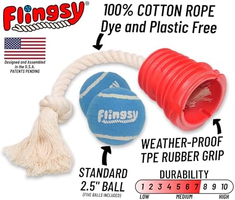 Made in USA Flingsy Dog Ball Launcher and Rope Tug Fetch Thrower Combination Throwing Toy with 100-Percent Natural Cotton Rope