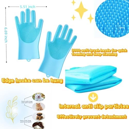 Premium Pet Grooming Gloves (1 Pair) - 3,000 Soft Silicone Tips for Bathing, Deshedding & Massage - Heat Resistant, 5-Finger Grip - Cats/Dogs/Rabbits (Grey)