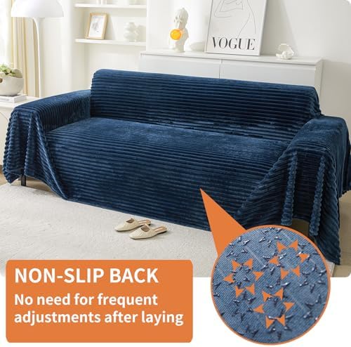 HAOMAIJIA Faux Fur Sofa Covers Couch Covers for 2 Cushion Couch Sofa Pet Friendly Soft Non Slip Couch Cover for Dogs Washable Sectional Couch Covers L Shape Furniture Protector (Navy Blue, 91"x118")