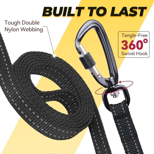 VIVAGLORY Double Handle Dog Leash Twingrip, 5ft x 1/2in, Black-Carabiner