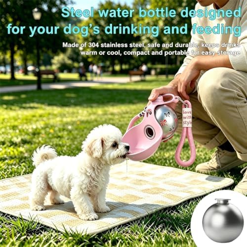 Portable Dog Water Bottle, Flip-Top Silicone Bowl Design, Insulated Hot & Cold Retention Material, One-Hand Leakproof Use, Perfect for Walking & Hiking, 10oz (Pink, Printing)