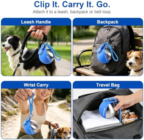 2-in-1 Dog Water Bottle with Foldable Bowl, Portable Leak-Proof Pet Travel Water Dispenser, Stainless Steel Dog Hydration Bottle for Walking, Hiking, Small Dogs & Puppies, Blue 10oz