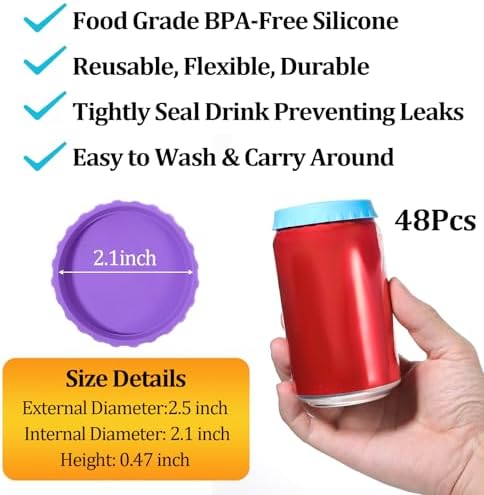 48pcs Silicone Soda Lid Set, 6 Colors Reusable Spill-Proof Drink Can Covers, Food Grade Flexible Protector for Cola Beer Juice Energy Beverages