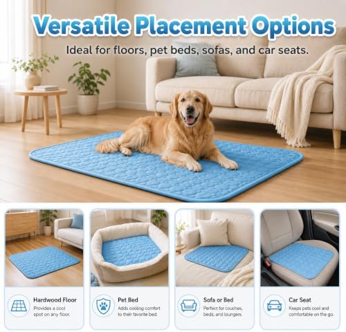 Dog Cooling Mat, 2026 Upgraded Ice Silk Summer Comfort, Self-Cooling Pressure-Activated Mat for Dogs & Cats, Helps Keep Pets Cool and Dry, Washable Non-Slip Pet Bed Mat (Blue, L( 27.6 x 21.7 in))