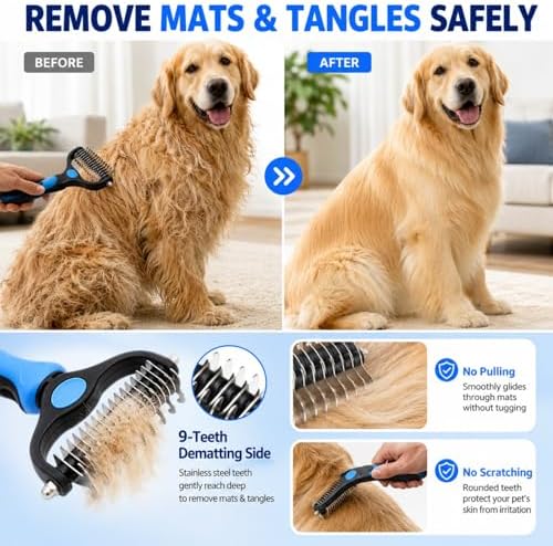 Professional Pet Grooming Tool Set (Large & Small 2-Pack), 2-in-1 Dual-Sided Undercoat Rake for Dogs & Cats, Dematting Comb & Deshedding Brush for Long Haired Pets with Thick Coats (2PC Pink-B)