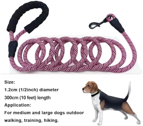 MayPaw Heavy Duty Rope Dog Leash, 3/4/5/6/7/8/10/12/15 FT Nylon Pet Leash, Soft Padded Handle Thick Lead Leashes for Large Medium Dogs (Pink Black, 1/2" * 10')