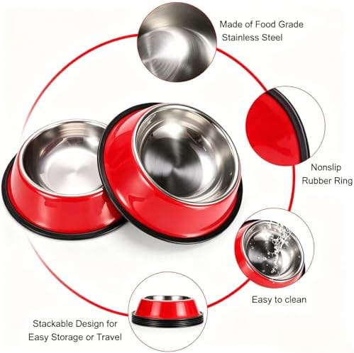 Stainless Steel Dog Bowls, Non-Slip Pet Food Water Bowls 2 Pack, Dishwasher Safe for for Cats Puppies Small Medium Large Dogs (Red, 4¼ Cup / 34 oz)