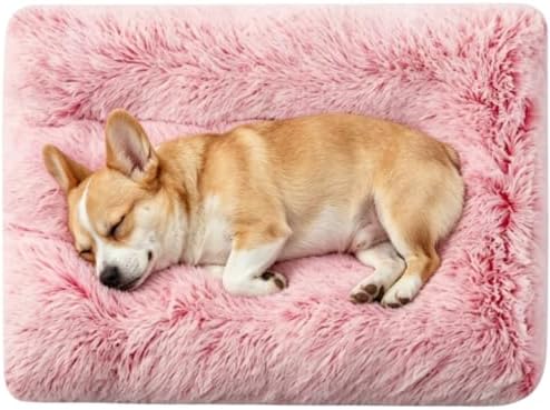 Rectangle Long Plush Pet Crate Mat, Anti-Slip Oxford Underside, 3D Elastic PP Cotton Kennel Cushion, Warm Skin-Friendly Rest Pad for Small Medium Large Dogs Cats (Gradient Pink,X-Large)