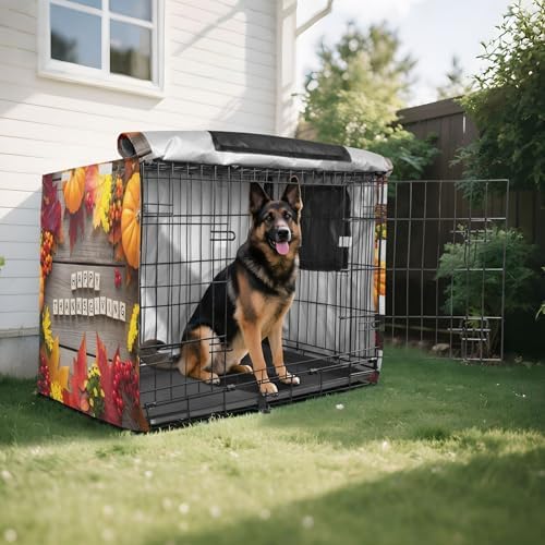 Kigai Thanksgiving Dog Crate Cover Oxford Fabric Windproof Waterproof Kennel Cover with Breathable Mesh & Roll-Up Panels, Fit for 35 in Cage, Washable