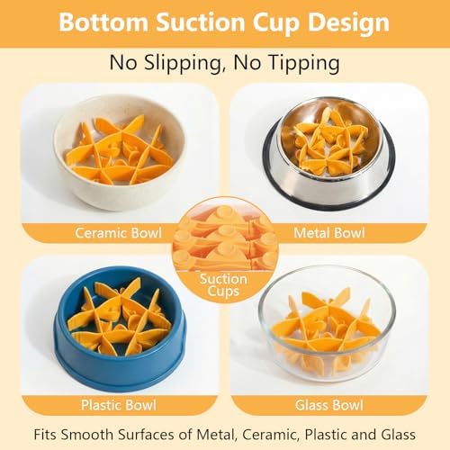 Silicone Dog Slow Feeder Bowl Insert with Suction Cups, Cuttable Food-Grade Lick Mat Divider Fits Stainless Steel Ceramic Glass Dog Bowls, Helps Slow Down Eating, Orange