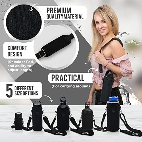 Made Easy Kit Neoprene Water Bottle Carrier Holder with Adjustable Shoulder Strap for Insulating & Carrying Water Container Canteen Flask Available in 5 Sizes (7 Wonders, L (32oz / 1.5L))