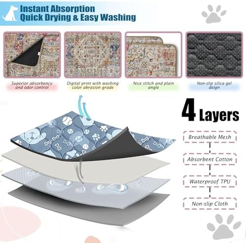 Washable Pee Pads for Dog - 2 Pcs 35"x47" Bohemian Style Superior Reusable Pet Training Pads - Waterproof Pads Protects Against Urine Leakage Non-Slip Grip Prevents Slipping & Bunching