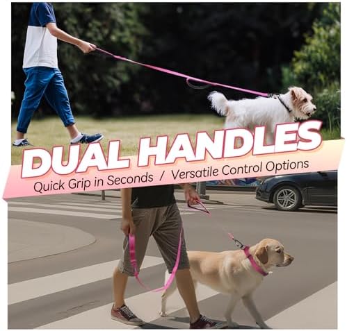 VIVAGLORY Double Handle Dog Leash Twingrip, 4ft x 1/2in, Pink-Carabiner