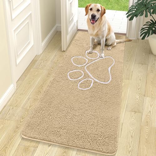 OLANLY Dog Door Mat for Muddy Paws 70x24, Paw Print Design Chenille Mud Mat
