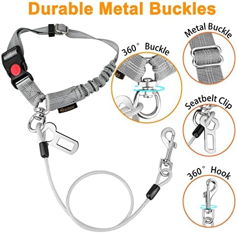Chew Proof Dog Car Seat Belt, 2 in 1 Steel Cable Dog Car Accessories Headrest Restraint for Medium Large Dogs Chewer Heavy Duty Dog Seatbelts for Cars Swivel Attach