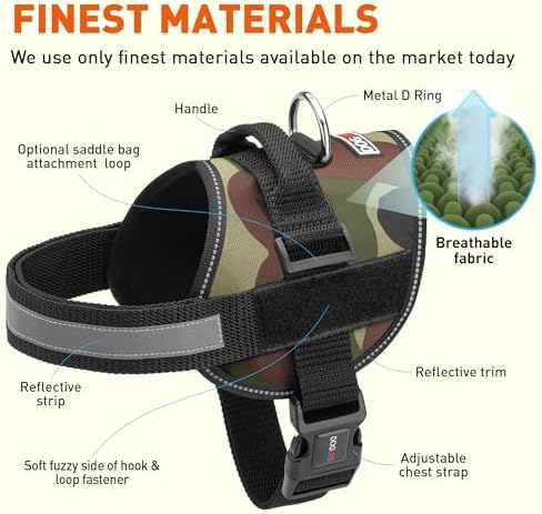 Dogline Dog Harness, Reflective No-Pull Adjustable Vest with Handle for Walking, Training, Breathable, No - Choke Harness for Small, Medium or Large Dogs Room for Patches Girth 22"-28" in Green Camo