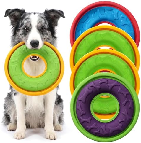 4 Pcs Dog Flying Discs Set 9.05 Inch Lightweight Nylon EVA Fetch Discs Float Water Safe Teeth Feedable Groove Design for Small Medium Large Dogs Blue Green Purple
