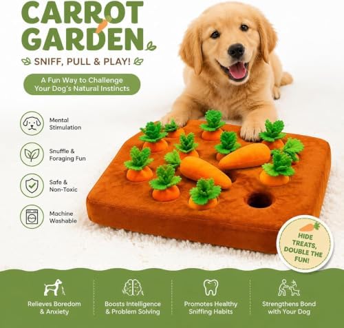 Carrot Patch Dog Toy, Snuffle Mat for Dogs 2-in-1 Foraging Puzzle with 12 Carrots, Non-Slip Washable Enrichment Toy Relieves Stress for Small Medium Dogs Cats，12-Hole Carrot