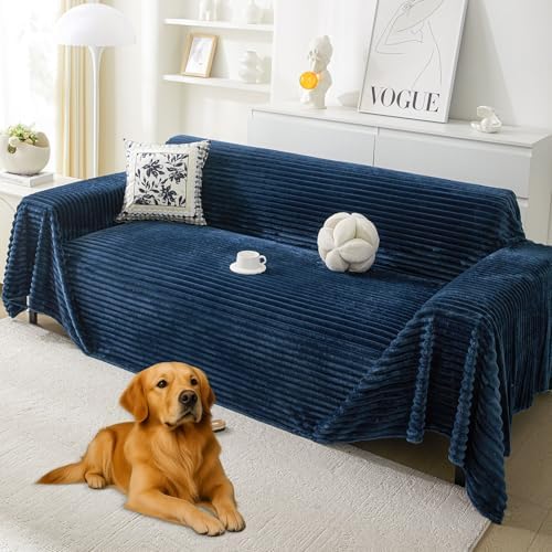 HAOMAIJIA Faux Fur Sofa Covers Couch Covers for 2 Cushion Couch Sofa Pet Friendly Soft Non Slip Couch Cover for Dogs Washable Sectional Couch Covers L Shape Furniture Protector (Navy Blue, 91"x118")