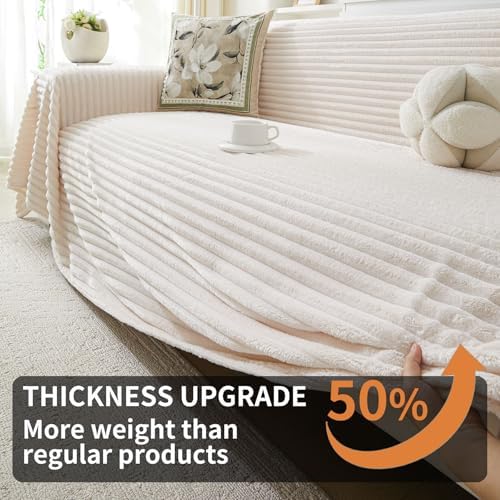 HAOMAIJIA Faux Fur Sofa Covers Couch Covers for 2 Cushion Couch Sofa Pet Friendly Soft Non Slip Couch Cover for Dogs Washable Sectional Couch Covers L Shape Furniture Protector (Off White, 71"x102")