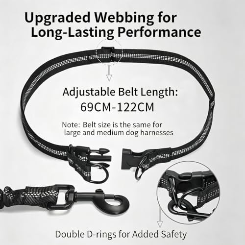 Hands Free Dog Leash with Adjustable Waist Belt, Shock Absorbing Bungee Running Dog Leash with Reflective Stitches, Soft Padded Handle & Dual D-Ring Clips for Medium Large Dogs, Fits 25-120 lbs Dogs