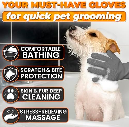 Cat and Dog Washing Gloves, 1 Pair, 11.6 in, Soft Silicone (Grey)