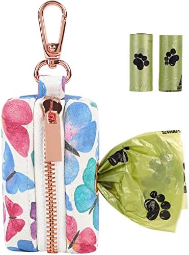 ARING PET Dog Waste Bag Dispenser, Cotton Doggy Poop Bags Holders Attach to Any Leashes, Portable Washable Butterfly Pattern Pet Waste Pouch Dispenser with Metal Zipper