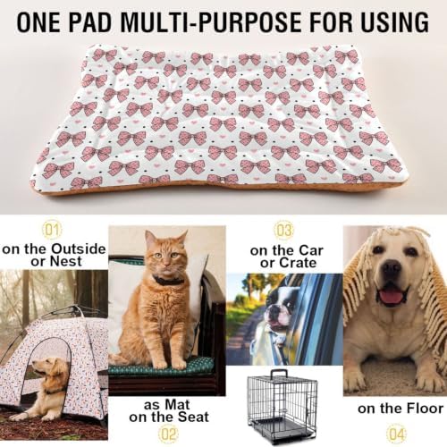 Pink Bows Dog Bed Crate Pad, Multi-Purpose Pet Mat for Crate and Car, Silicone Dotted Anti-Slip Base Couch Protector, Washable One-Piece Puppy Sleeping Pad, 36x24 inch