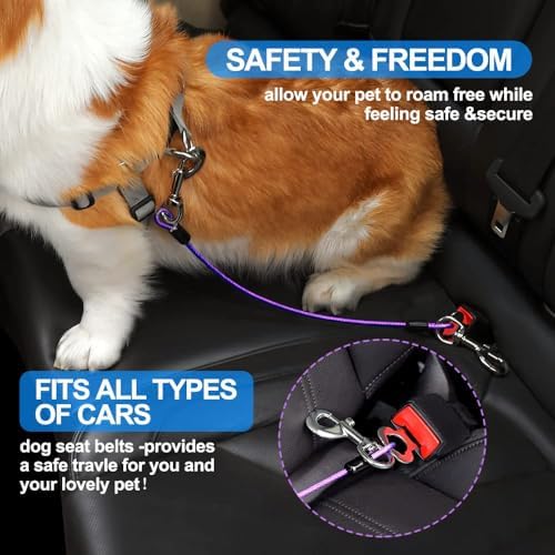 Dog Seat Belt Harness for Car,2pcs Dog Seatbelt of Coated Wire Leash Safety Restraint,No Chew Tether Cable Vehicle Dogs Accessories,Double Clips & Latch (Purple, 16 inch/40 CM)