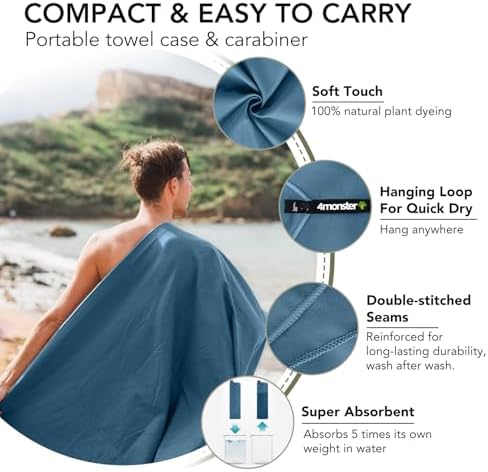 4Monster Quick Dry Travel Towel with Case & Carabiner – Super Absorbent Microfiber Gym & Camping Towel. Compact, Lightweight, Fast Drying for Beach, Swimming, Hiking, Backpacking