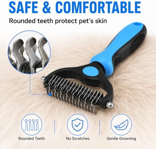 Double-Sided Pet Grooming Tool for Dogs & Cats, Undercoat Rake Dematting Comb for Removing Loose Hair, Mats & Tangles, Pet Deshedding Grooming Brush for Long & Short Hair (Grey)