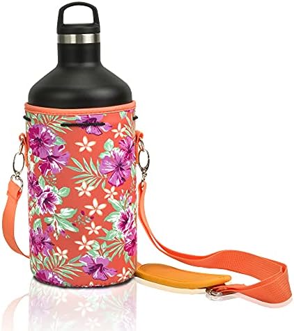 Made Easy Kit Neoprene Water Bottle Carrier Holder with Adjustable Shoulder Strap for Insulating & Carrying Water Container Canteen Flask Available in 5 Sizes (Floral - Orange, XL (64oz))