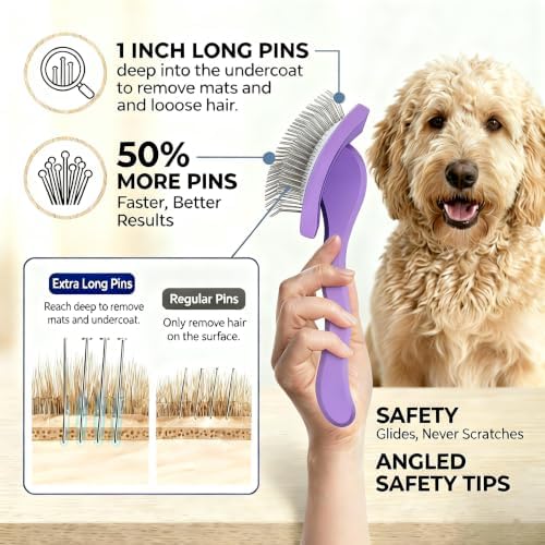 Long Pin Slicker Brush & Dog Comb Set for Doodles Grooming, Purple