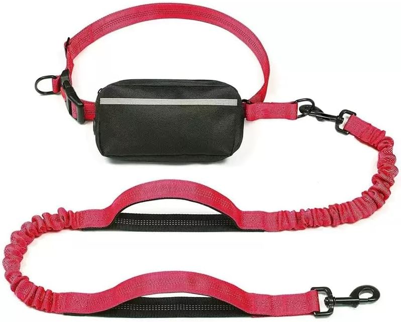 Hands Free Dog Leash with Adjustable Waist Belt, Shock Absorbing Bungee Running Dog Leash with Reflective Stitches, Soft Padded Handle & Dual D-Ring Clips for Medium Large Dogs, Fits 25-120 lbs Dogs
