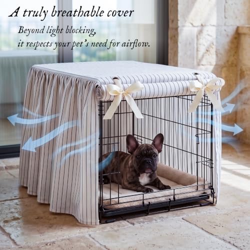 Boomkin Farmhouse Striped Dog Crate Cover 24 Inch, Rustic Cottagecore Pet Kennel Cover with Ruffled Skirt & Roll-Up Door, Elegant Fabric Decorative Dog Cage Cover for Indoor Home Decor