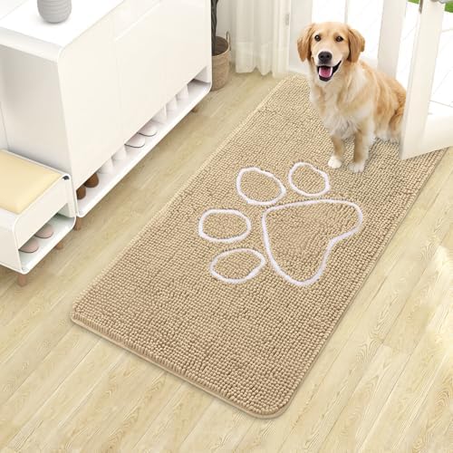 OLANLY Dog Door Mat for Muddy Paws 40x24, Paw Print Design Chenille Mud Mat