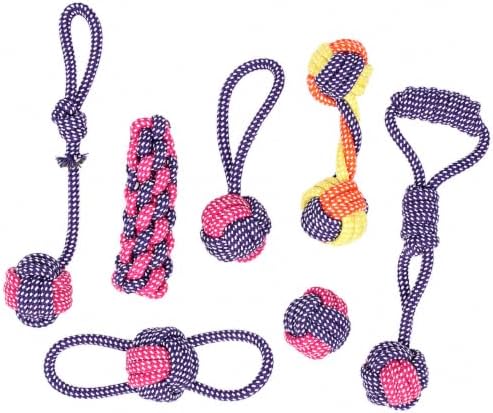 Durable Cotton Rope Dog Toys 7 Piece Set, Tough Chew Knot Balls for Teeth Cleaning, Interactive Tug and Fetch Toys for Small Medium Large Dogs, Indoor Outdoor Play