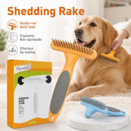 Pet Grooming Rake, Dual Row Stainless Steel Undercoat Deshedding Tool for Dogs Cats, Ergonomic Non-Slip Handle Detangling Brush for Shedding Mat Removal, Orange Blue