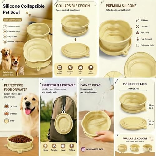 Portable Collapsible Dog Bowl, 2-in-1 Foldable Pet Feeding & Water Dish with Carabiner – Lightweight Travel Bowl for Dogs & Cats, Perfect for Walking, Hiking, Camping (Yellow)