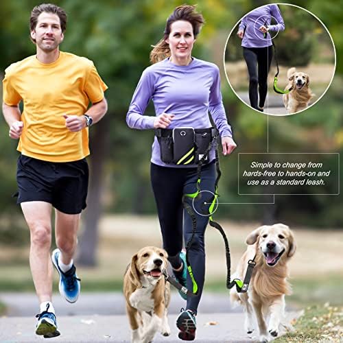 SHINE HAI Retractable Hands Free Dog Leash with Dual Bungees for 2 Dogs, Adjustable Waist Belt, Reflective Stitching Leash for Running Walking Hiking Jogging Biking Black - Green1