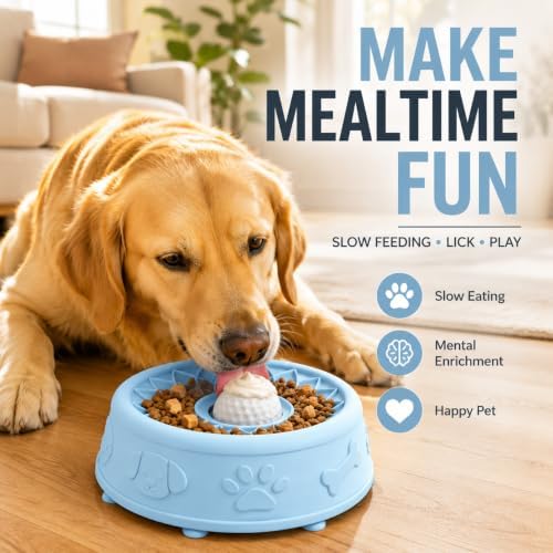 Slow Feeder Dog Bowl with Rolling Ball - 2-in-1 Lick Mat for Dogs, BPA-Free Silicone Suction Cup Pet Bowl, Interactive Dog Licking Bowl for Puppy Cat Wet Dry Food, Dishwasher Safe