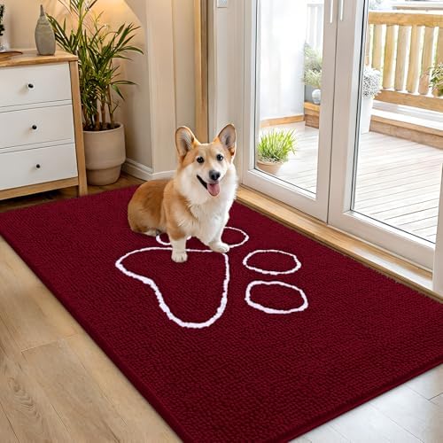 OLANLY Dog Door Mat for Muddy Paws 54x32, Paw Print Design Chenille Mud Mat