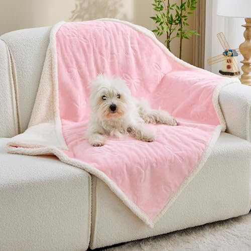 Qeils Pet Blankets for Cats - Waterproof Cat Blanket Washable - Sherpa Fleece Puppy Blanket, Soft Plush Reversible Throw Protector for Bed Couch Car Sofa, 25"X30", Pink Bows