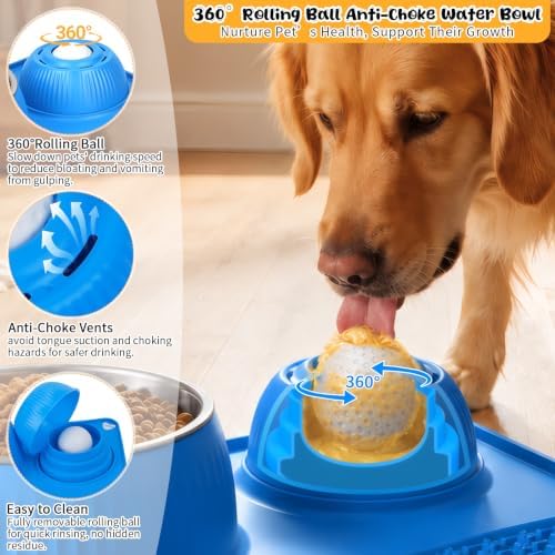 Stainless Steel Slow Feeder Dog Bowls & Rolling Ball and Lick Mat, for Liquid and Thick Treat 50oz Dog Bowl Non-Spill Skid Silicone Large Medium Dogs Blue